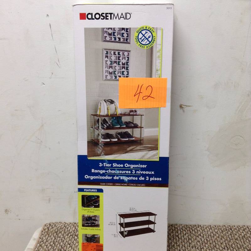lot 42 image: Closetmaid 3 Tier Shoe Organizer not used