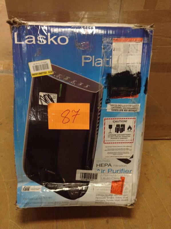 lot 87 image: Lasko Pure Platinum Slim Profile HEPA Filtration Air Purifier with Remote and Auto Clean in like new condition model HF25630