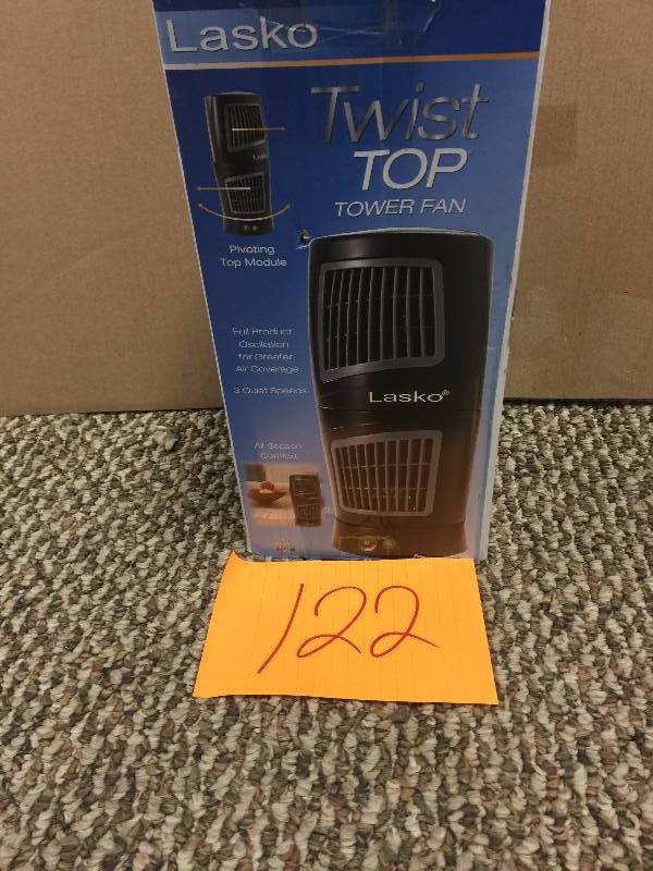 lot 122 image: Lasko 12 in. Twist-Top Tower Fan Model#  T12110 in working conditions