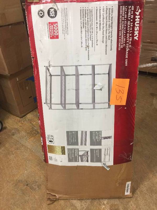 lot 135 image: Husky 5-Shelf Steel Storage Organizer Rack Wire Shelves Garage Shelving Unit Silver open box never used