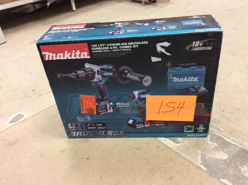 lot 154 image: Makita 18-Volt LXT Lithium-Ion Brushless Cordless Hammer DrillImpact Driver Combo Kit (2-Piece) Model#  XT267T open box never used