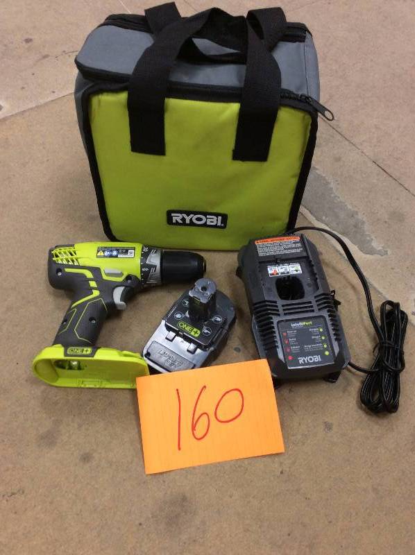 lot 160 image: Ryobi 18-Volt ONE Lithium-Ion Compact DrillDriver Kit