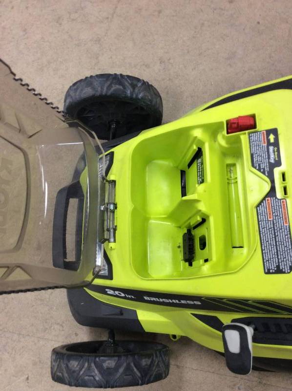 lot 162 image: Ryobi 20 in 40 volt Brushless Lithium-Ion Cordless Battery Push Lawn Mower battery not included in working condition