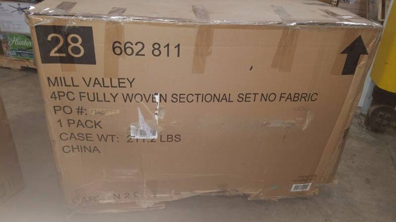 lot 24 image: Hampton Bay Mill Valley 4 Piece Woven Patio Sectional Set with Cushion Insert Slipcovers Sold Separately Internet 205362715  open box never used