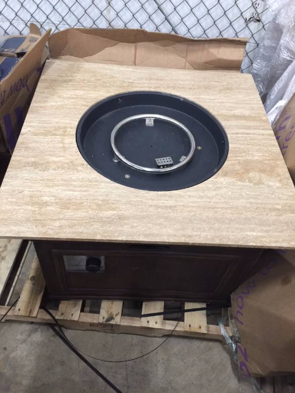 lot 164 image: Bond Manufacturing Sonoma 38 in. Square Envirostone and Travertine Propane Fire Pit open box not used but minor damage on bottom side