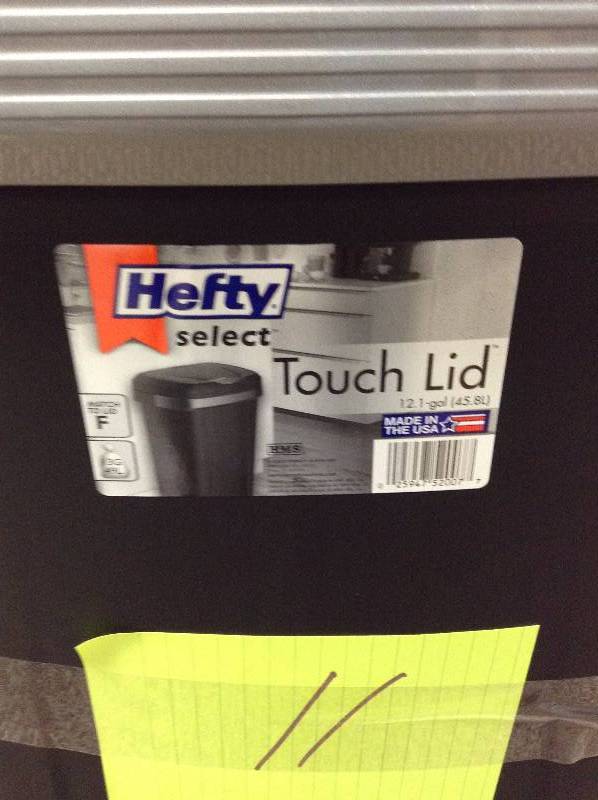 lot 11 image: Hefty Premium 12.2 gal Trash Can, Touch Lid, Black not used