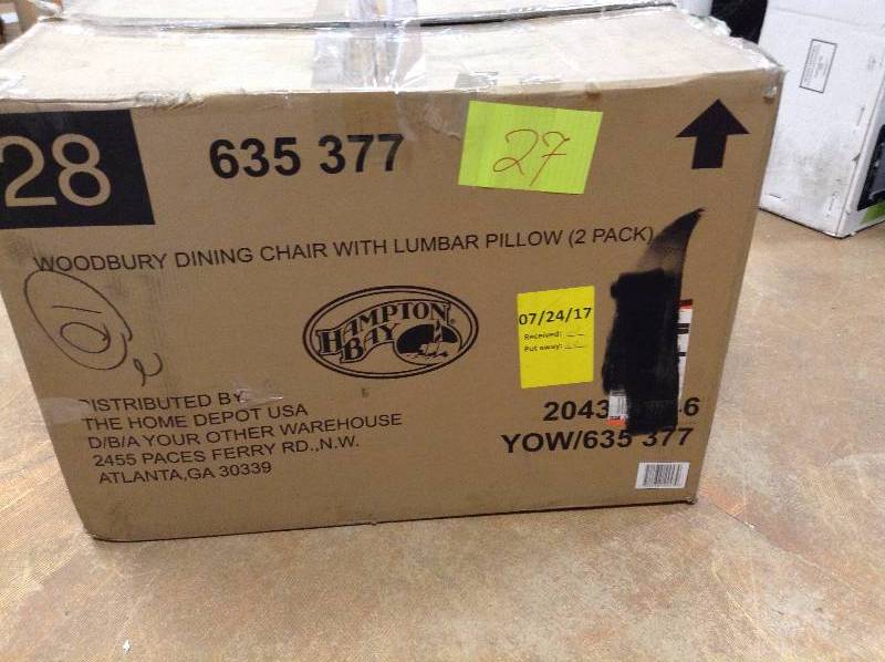 lot 27 image: Hampton Bay Woodbury Dining Chair with Lumbar Pillow 2 pack new