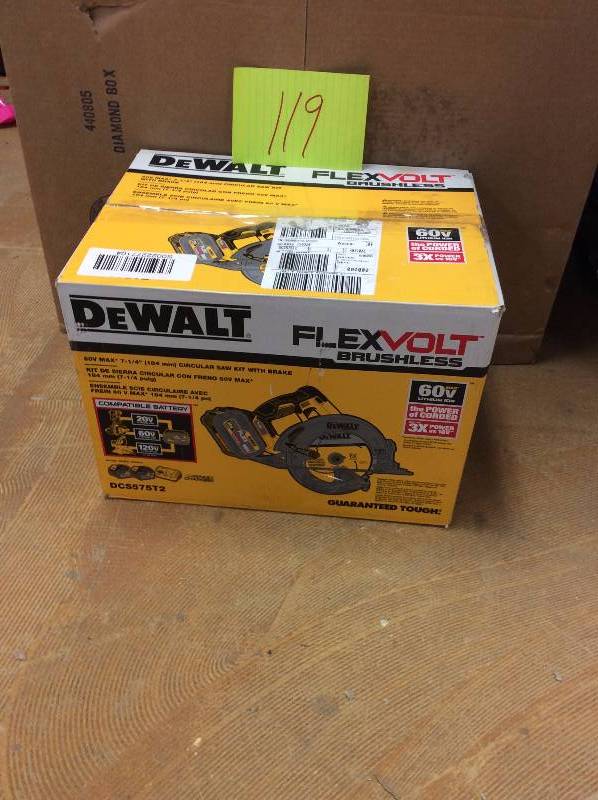 lot 119 image: DeWALT DCS575T2 FLEXVOLT 60-Volt 7-14-Inch Circular Saw Kit w (2) batteries not used
