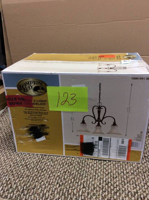 lot 123 image: Hampton Bay Reims 3-light Berre Walnut Mini Chandelier never used