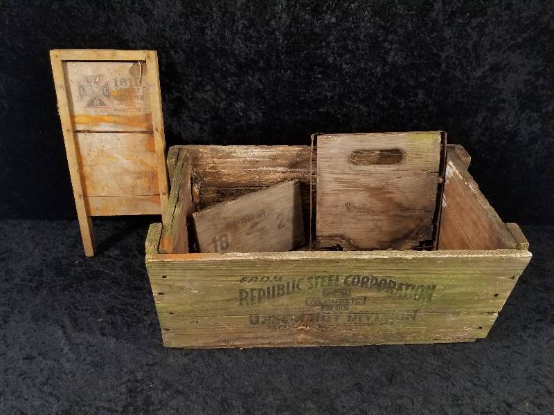 lot 50 image: Republic Steel Corp Wood Crate, Vintage Washboard, etc