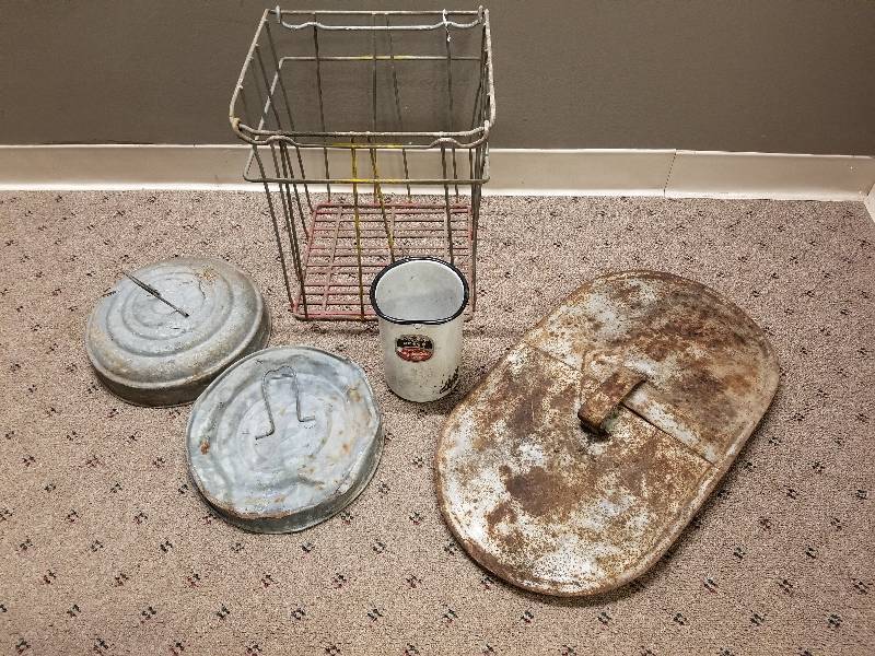 lot 56 image: Lot - Metal Crate, Enamelware, etc