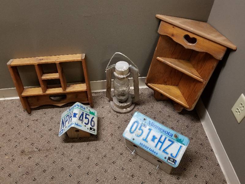 lot 60 image: Lot - License Plate Birdhouses, Cedar Feeder, Wood Shelving