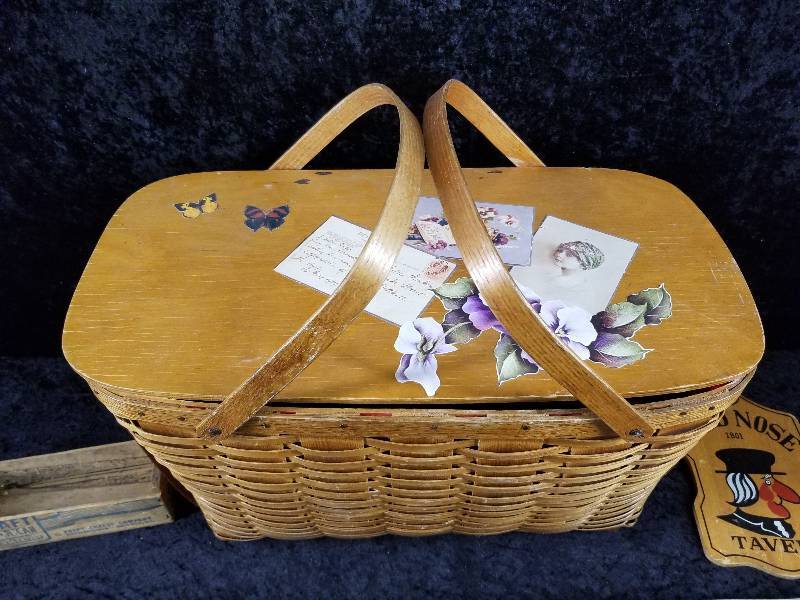 lot 68 image: Lot - Picnic Basket, Vintage Kitchen Utensils, Cheese Box, Etc
