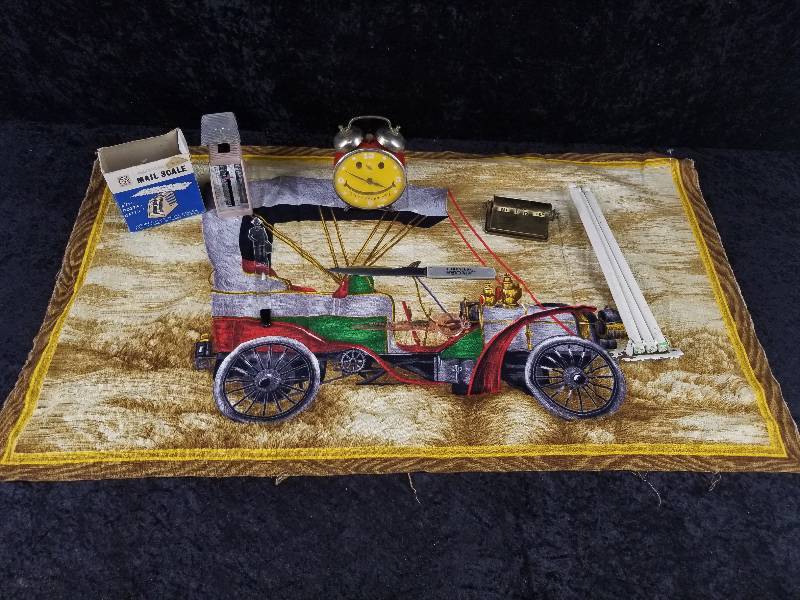 lot 70 image: Lot - Vintage Brass Calendar, Robert Shaw Smiley Face Alarm Clock, Advert Pieces, etc