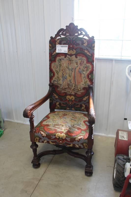 lot 33 image: Formal High-back LivingDining Chair w Oriental Artwork