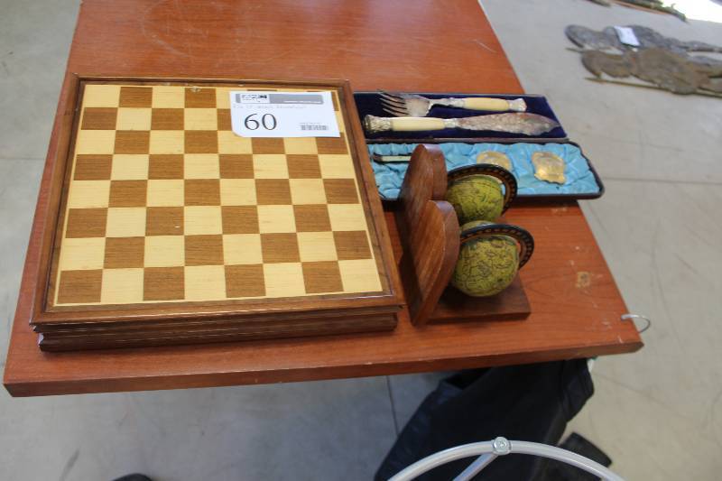 lot 60 image: Chess Board, World Globe Bookends, Ancient KnifeFork Collection