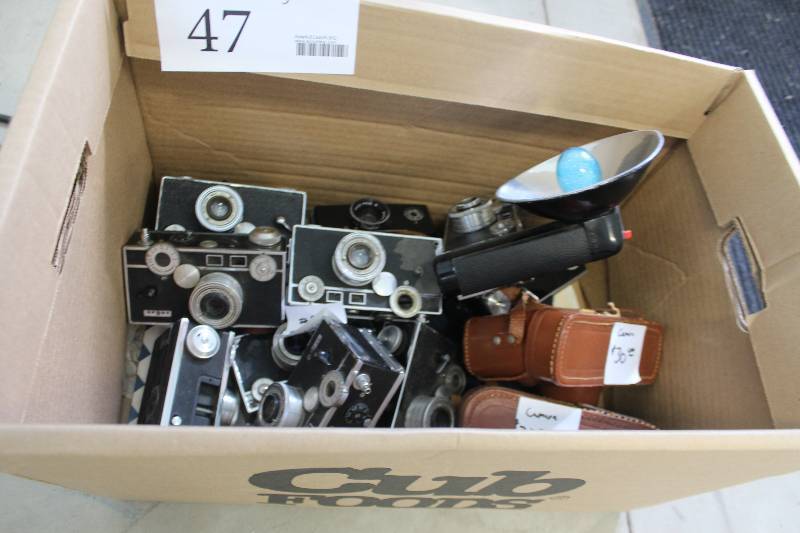 lot 47 image: Box Lot of Vintage Cameras, Accessories Includes Box Cameras, Cases, Flashes