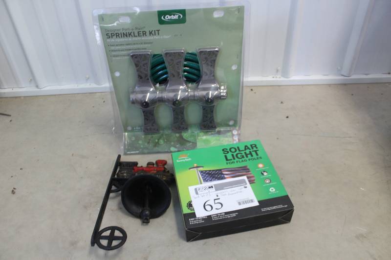 lot 65 image: Lot of (3) Yard Equipment & Decorations Includes Sprinkler, Solar Lights, Train Decoration