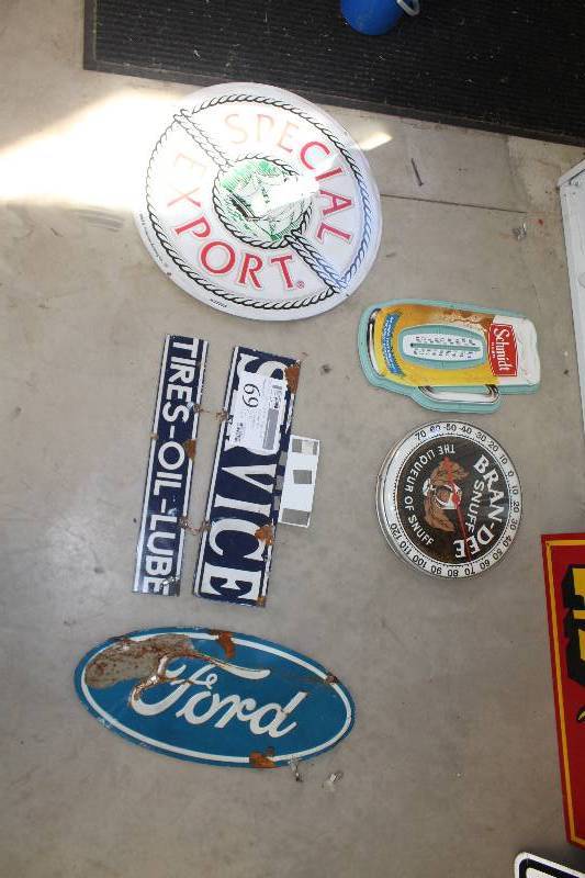 lot 69 image: Lot of (5) Wall Signs & Thermometers Includes Special Export, Schmidt, Ford, Service