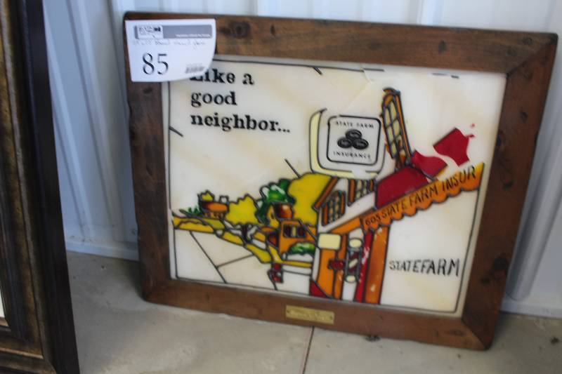 lot 85 image: State Farm Insurance Framed Stained Glass Wall Art