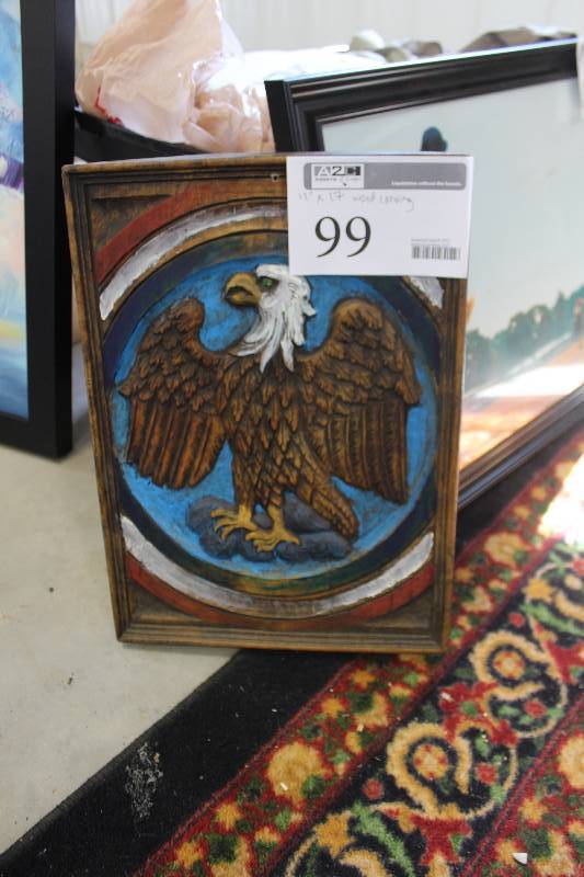 lot 99 image: Bald Eagle Wood Carving Wall Art