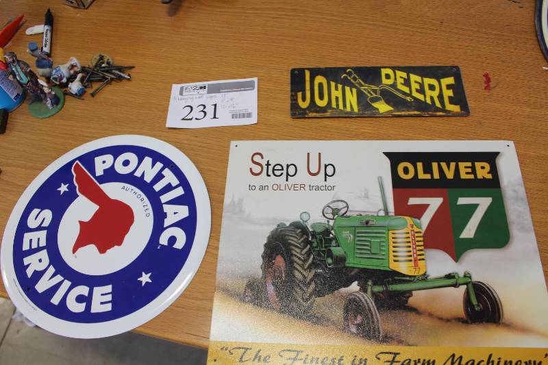 lot 231 image: Lot of (3) Wall Signs Includes John Deere, Pontiac Service, Oliver 77