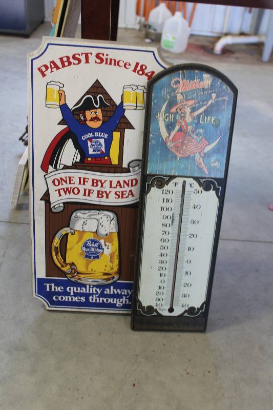 lot 237 image: Lot of (2) Beer Wall Decorations Includes Miller Thermometer, Pabst Blue Ribbin Sign