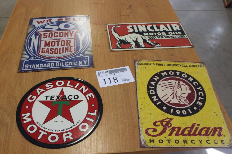 lot 118 image: Lot of (4) Wall Signs Includes Socony Motor Gasoline, Sinclair Motor Oils, Indian Motorcycles, Texaco Gasoline