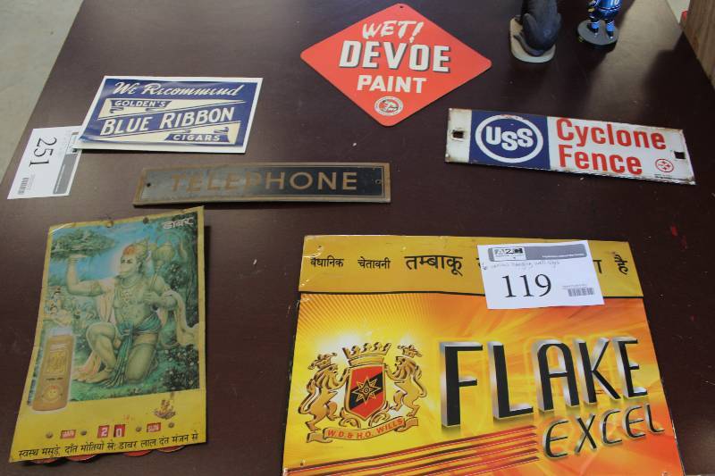lot 119 image: Lot of (6) Wall Signs Includes Blue Ribbon, Devoe Paint, US Steel Cyclone Fence, Telephone, Flake Excel