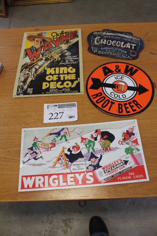 lot 227 image: Lot of (4) Wall Signs Includes King of the Pecos, Chocolat, Wrigleys,