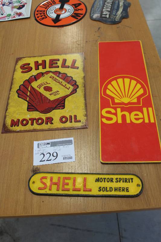 lot 229 image: Lot of (3) Shell Motor Oil Wall Signs