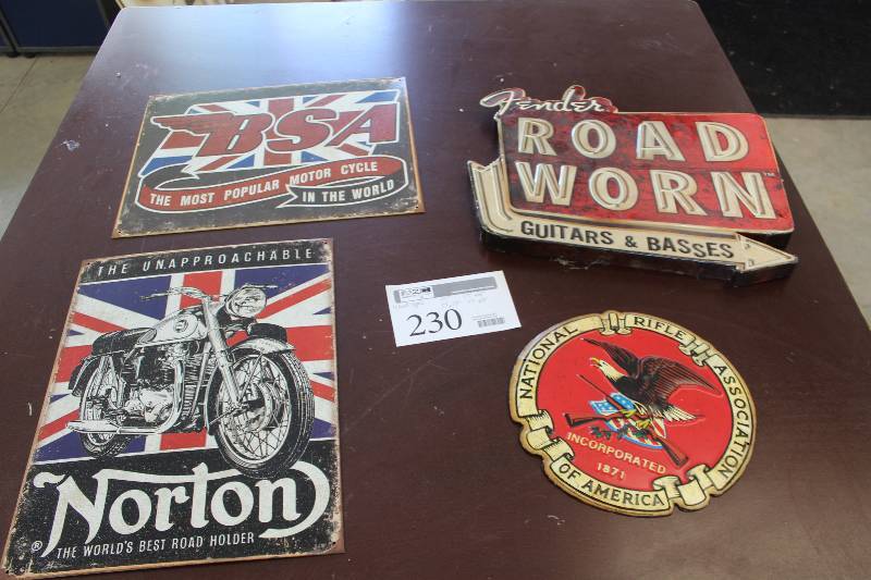 lot 230 image: Lot of (4) Wall Signs Includes Norton, RSA, Fender Road Worn Guitars and Basses, NRA