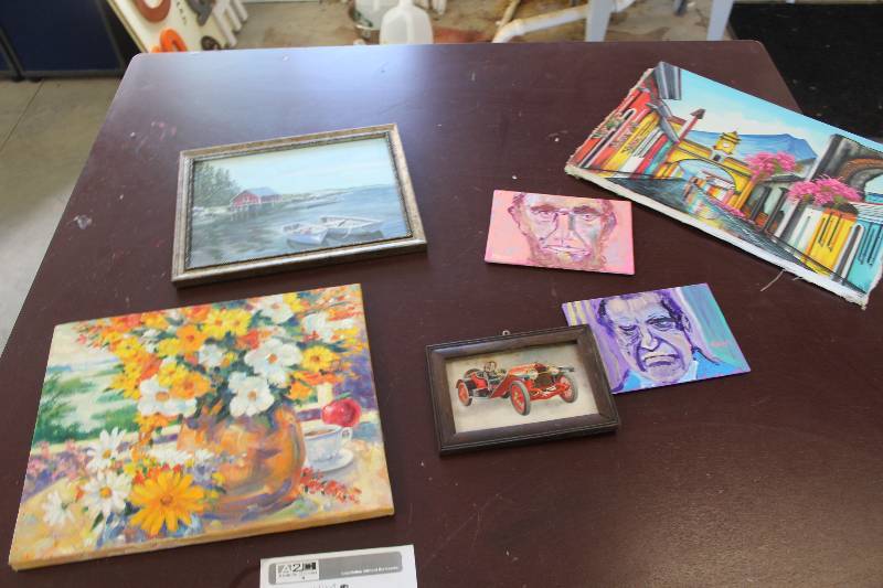 lot 228 image: Lot of (6) Wall Paintings Includes Floral, Portrait, Automobile, Landscape