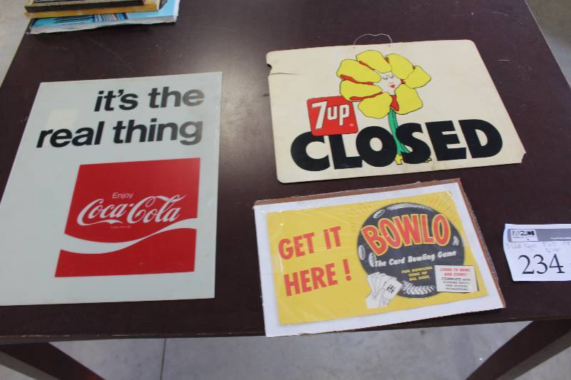lot 234 image: Lot of (3) Wall Signs Includes Coke, 7up, Bowlo