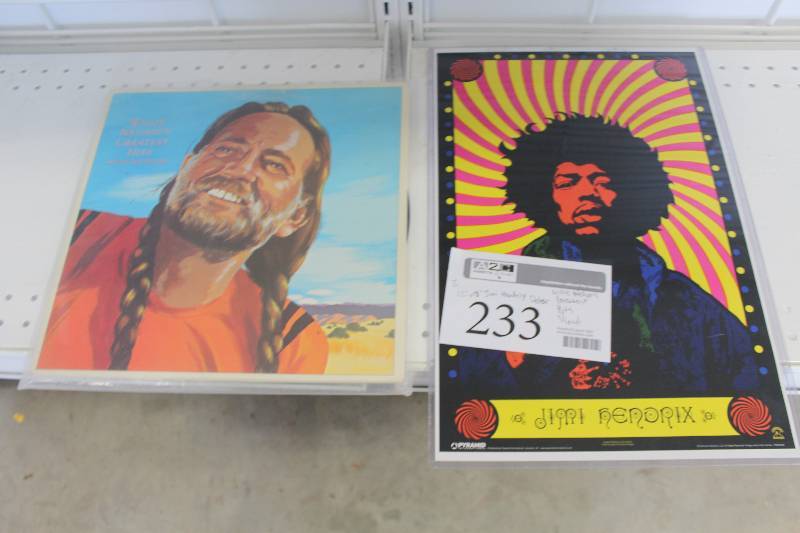 lot 233 image: Lot of (2) Music Decorations, Music Includes 12x18in. Jimi Hendrix Poster, Willie Nelsons Greatest Hits LP