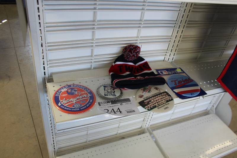 lot 244 image: Shelf Lot of Sports Memorabilia Includes Minnesota Twins , Denver Broncos