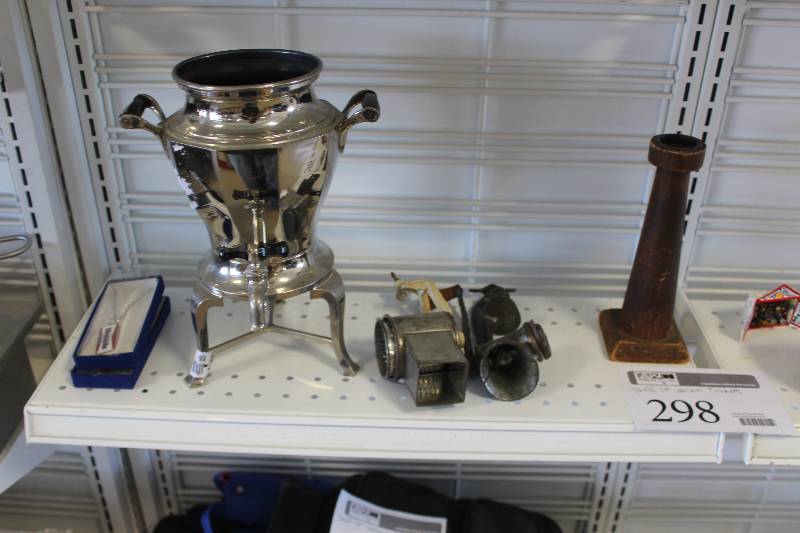 lot 298 image: Silver Urn, Candle Holders, Necklace w Case, Table Decorations