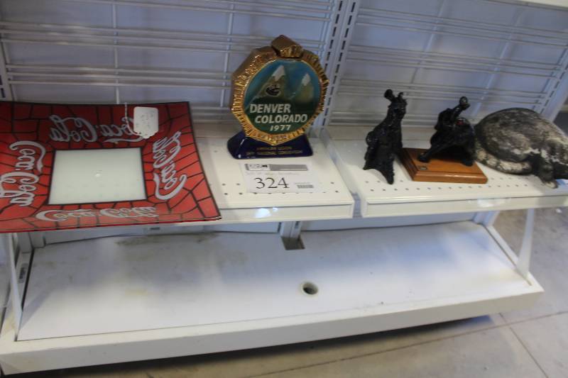 lot 324 image: Decorations Includes 1977 Denver Colorado Bottle, Coca-Cola Lamp Shade, Cat Statue, And More
