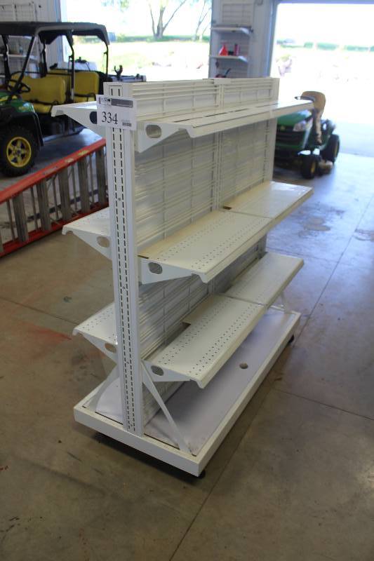 lot 334 image: 2-Side 6-Shelf Commercial Rolling Metal Display Case
