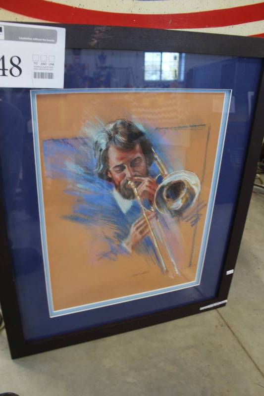 lot 348 image: Trombone Player by John Keely Signed Framed Matted Original Art
