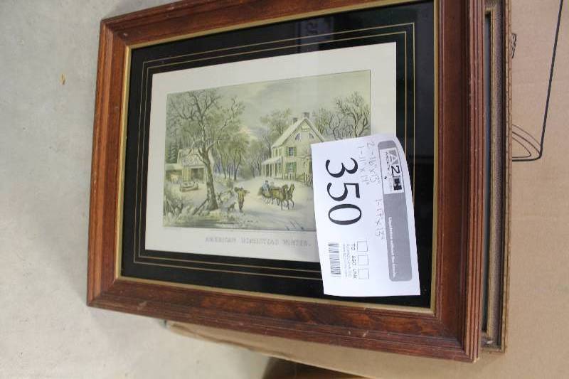 lot 350 image: Lot of (4) Framed Matted Wall Art Includes American Homestead Winter, American Homestead Autumn, Soccer Game by Horsch Print, Bunny