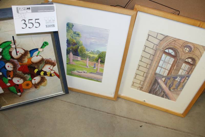lot 355 image: Lot of (3) Signed Framed Wall Art Includes Holiday Musicians, Staircase, Landscape