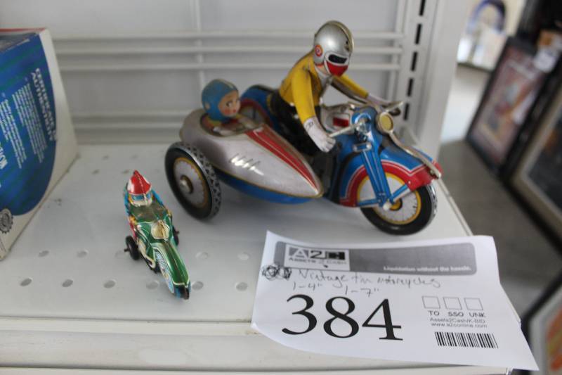 lot 384 image: Vintage Tin Motorcycle, Motorcycle w Sidecar