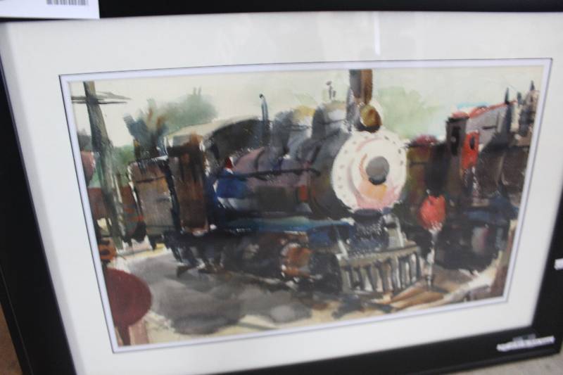 lot 429 image: Steam Engine Watercolor Painting by John Keely Signed Framed Matted Original Art