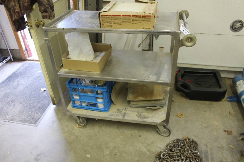 lot 100 image: 2-Shelf Rolling Metal Utility Cart w 2-Box of Tile