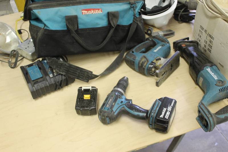 lot 78 image: Makita 18V Cordless Drill, Jigsaw, Sawzall w Soft Side Carry Case, Chargers, Batteries