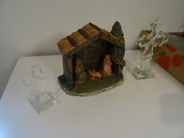 2 qty glass crosses. Manger scene...