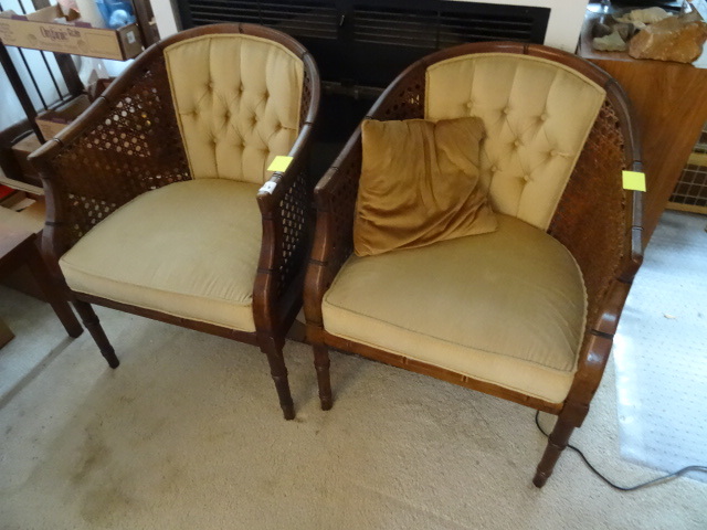 Qty 2 upholstered wicker and wood c...