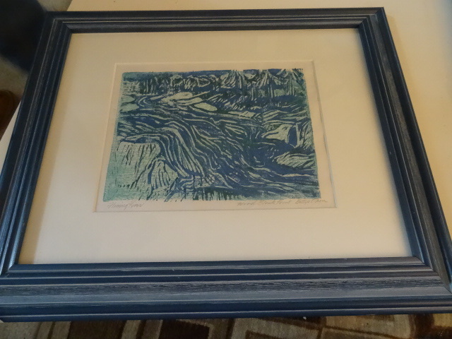 Framed wood block print. Flowing ri...