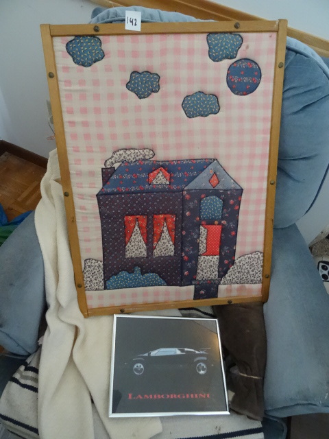 Framed lamburgini and quilted pictu...